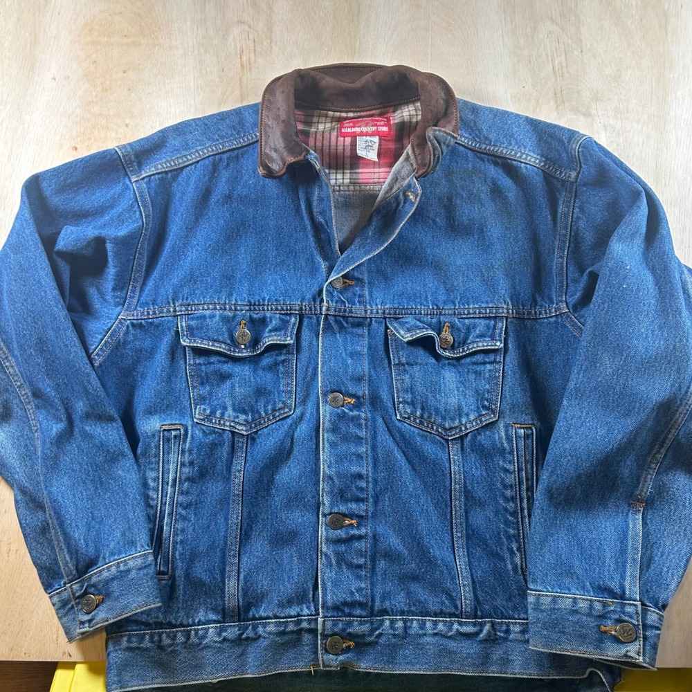 Vintage Marlboro Country Store Denim Jacket Leather Collar Plaid Lined Blue L